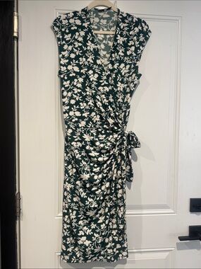 Lark & Ro Green and White Floral Midi Dress with wrap front